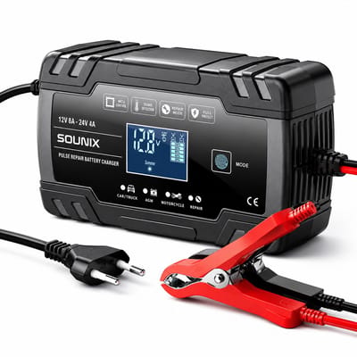 Sounix Acculader - 12/24V - 8A/4A - 96W - Accu Lader voor Auto / Motor / Scooter / Boot / Camper - Zwart