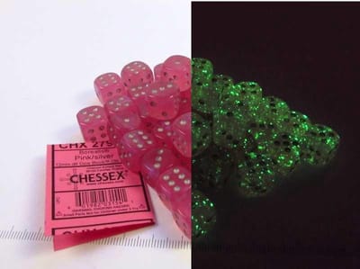 Chessex Borealis D6 12mm Roze/Zilver Lichtgevende Dobbelsteen Set (36 stuks)