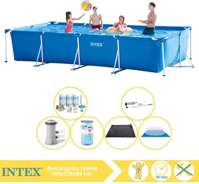 Intex Rechthoekig Frame Zwembad - 450 x 220 x 84 cm - Blauw - Inclusief Onderhoudspakket - Zwembadfilterpomp - Filter - Grondzeil - Stofzuiger - Solar Mat - 7-delig