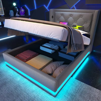 MEUNIQ eenpersoons gestoffeerd bed 90x200 cm met hydraulische opbergruimte, USB en Type-C in hoofdbord, 3-zijdige LED-verlichting, grijs bedframe voor slaapkamer