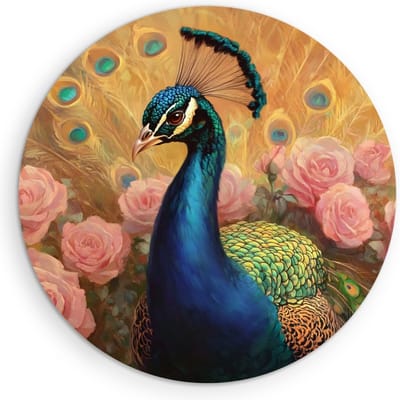 Saammp Muurcirkel Hout - Pauw - Roze Rozen - Bloemen - Dieren - Natuur - Ø 90 - Wandcirkel - Wanddecoratie Cirkel - muurdecoratie Woonkamer - Slaapkamer decoratie - Rond Schilderij