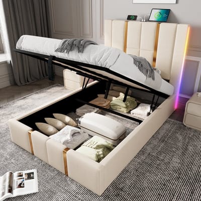 STILVORA Gestoffeerd Bed - 90x200 cm - Bed Met Opbergruimte - Hydraulisch Opbergbed Met LED Verlichting - USB Type C Oplaadfunctie In Hoofdbord - Linnenmateriaal - Beige