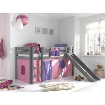 LUCEVI - Pino Halfhoogslaper H115CM + Ladder + Glijbaan + Bella Gordijntjes - Grijs - 90x200 cm