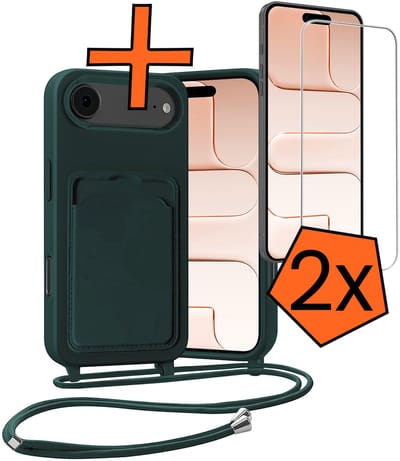 Hoesje Geschikt voor iPhone Air Hoesje Met Telefoonketting Pasjeshouder Case Met 2x Screenprotector Koord - Hoesje Geschikt voor iPhone Air Hoes Met Kaarthouder - Donkergroen