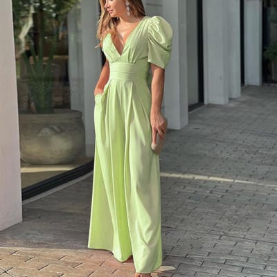 Nieuwe Lente Dames Mode Stijl Geplooide Sexy V-hals Hoge taille Jumpsuit S