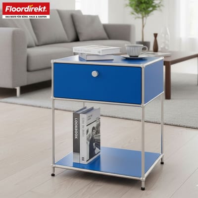 FLOORDIREKT Metalen Rek Concept Epure MK-139 - Bijzet- & Opbergrek met Lade & Legplanken - 50 x 65 x 40 cm - Blauw -Verkrijgbaar in Verschillende Kleuren - Metalen Rek in Modern Design - Rek Voor Woonkamer, Kantoor & Hal