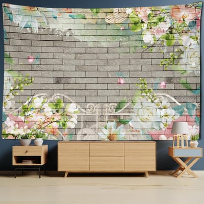 Tapisserie murale suspendue de peinture de paysage de jardin, paysage naturel bohème, décoration de dortoir, de salon, de maison 95x70cm gray