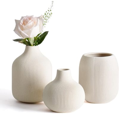 Unyqoos® Set van drie stijlvolle beige keramische vazen voor moderne interieurdecoratie, 3 stuks, 15cm, 12.5cm, 10.5cm