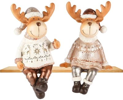 Dekoratief | Rendier zittend m/kerstmuts, wit/brons, resina, 11x11x18cm, set van 2 stuks | A255220