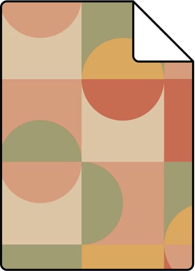 Proefstaal ESTAhome behang cirkels in Bauhaus stijl terracotta, geel, groen en beige - 26.5 x 21 cm - 130941-S