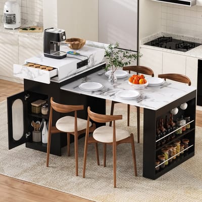 BLACKCOLORS Keukeneiland met wieltjes, uitschuifbare eettafel met opklapbaar tafelblad, bartafel met stekkerdozen en haken, te gebruiken als keukeneiland, dressoir of bartafel voor keuken en eetkamer (zwart)