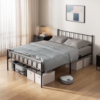 KUTAS Metalen Bed 140x190 cm - Minimalistisch Tweepersoonsbed - Heavy Duty Bedframe - Stevig - Stil - Anti Slip - Grote Opbergruimte - Met Hoofdeinde en lattenbodem - Schroefloze Montage - Zwart