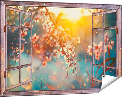 Gards Tuinposter Doorkijk Bloesemboom tijdens Zonsondergang - Bloem - 120x80 cm - Tuindoek - Tuindecoratie - Wanddecoratie buiten - Tuinschilderij