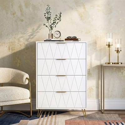 Ladekast met 4 laden, commode met gouden poten en handgrepen, wit dressoir voor slaapkamer, woonkamer of hal, 60 x 34 x 90 cm