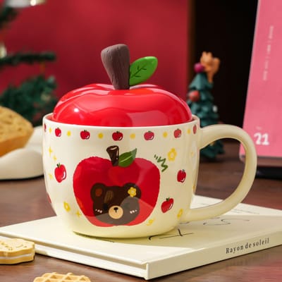 Creatieve Appel Kerstmok met Deksel Cadeau Schattig Stel Keramiek Meisjes Waterbeker Cadeau Beker Keramische Beker 420ml