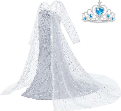 Elsa jurk IJskoningin Deluxe met lange sleep 104-110 (110) + kroon Prinsessen jurk verkleedkleding