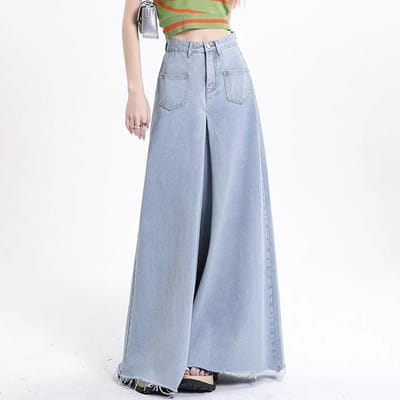 Retro Knoopsluiting Wijde Pijpen Jeans voor Dames met Hoge Taille Slankmakend Recht Zakdesign Niche Hong Kong Stijl L gray