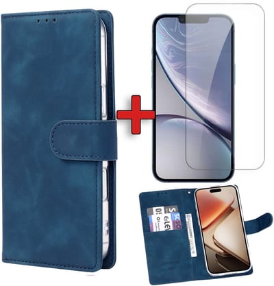 Casemania Hoesje & Glas Geschikt voor Apple iPhone 16e - Blauw - Kunstleer Portemonnee Book Case - Glazen Screenprotector
