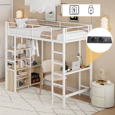 YEHTOKHOME Hoogslaper - 90x200 cm - ijzeren frame - Kinderbed met bureau - stopcontact en USB - meerdere planken - open opbergkast - ladder - wit (Zonder matras)