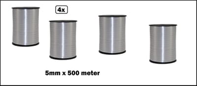 4x Krul lint zilver 5mm x 500meter - Vernieuwd - nu met folie beschermlaag om de rol - krullint verpakking kado