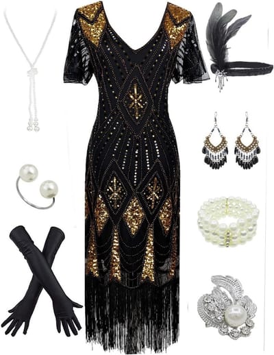Flapper Jurk Dames Jaren 20 Stijl Pailletten Franje Kostuum met Accessoires Set