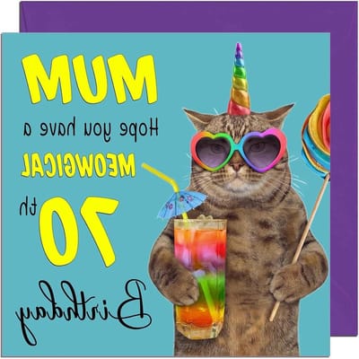 Moeder Verjaardagskaart - Mama Kaart - 70e Verjaardag - Gerecycled Karton - 145 x 145mm - Meowgic Cat