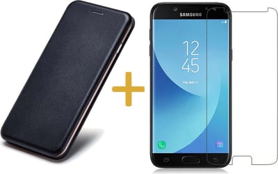 Hoesje geschikt voor Samsung Galaxy J5 (2017) Book Case Portemonnee Hoesje Zwart + Gehard Tempered Glas Screenprotector (Hoesje Kunstleer met Siliconen Houder - Flip Cover 360° Bescherming)