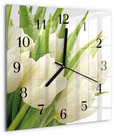 Tulup Wandklok - Tulpen Glazen Wandklok Design - 30x30 cm - Wit Klok Glas Met Opdruk - Zwarte Handen - Vierkante Wandklok - Decoratieve Glazen Klok - Glazen Wandklok Design