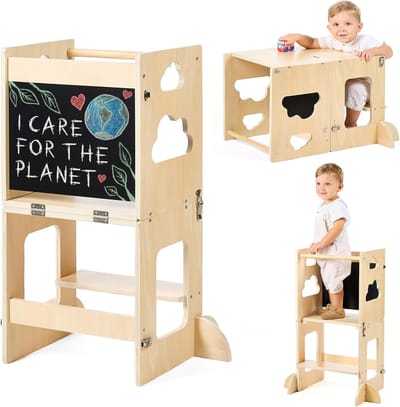 Leertoren Inklapbaar - Opvouwbare Peutertoren – Peuterkeukenkruk Montessori - 3 In 1 Premium: Opvouwbare Leertoren - Om Te Bouwen Tot Bureau Met Krijtbord - FSC-Hout - Duurzaam Bedrijf Met Herbebossing