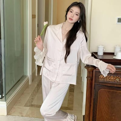 Franse Pyjama Pak Nieuw Ijs Zijde Shirt Pyjama Dames Lange Mouw Trompetmouw Dun Losse Bovenkleding Huiskleding XL gray