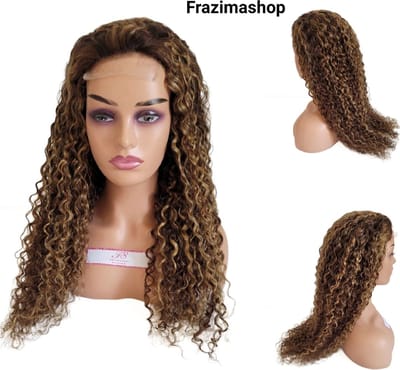 Frazimashop Braziliaanse Remy pruik- 22 inch-Highlight water diep golf-4X4 -kleur 4/27- 100% human hair- 4X4 Lace closure