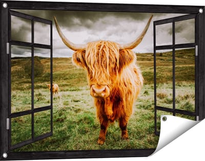Gards Tuinposter Doorkijk Schotse Hooglanders in de Weide met Wolken - 90x60 cm - Tuindoek - Tuindecoratie - Wanddecoratie buiten - Tuinschilderij