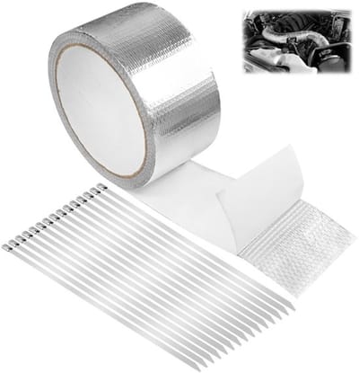 Hittebestendige Uitlaat Isolatie Tape 10m x 5cm, Zelfklevende Aluminium Tape met 15 RVS Kabelbinders voor Auto en Motorfiets