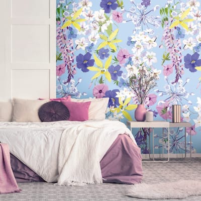 Fotobehang Profhome 391961-GU vliesbehang hardvinyl warmdruk in reliëf glad met bloemen patroon mat purper lila geel roze 1,59 m x 2,8 m