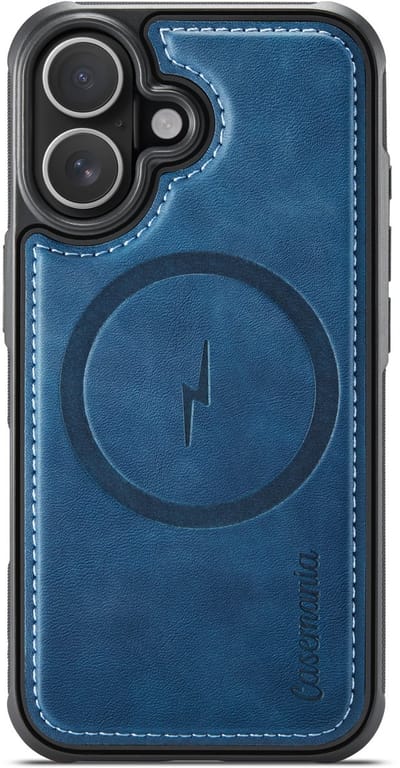 Casemania Hoesje Geschikt voor Apple iPhone 16 - Navy Blue - Magnetische Telefoonhoesje Compatibel met MagSafe - Kunstleer Back Cover met Anti-Slip Grip Randen