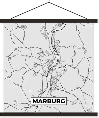 Posterhanger incl. Poster 60x60 cm - Schoolplaat - Stadskaart - Plattegrond - Kaart - Marburg - Duitsland - Textielposter - Zwarte latten - Stadskaart