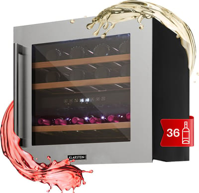 Klarstein Wijnkoeler Inbouw , Drankenkoeler met 2 Zones, Kleine Wijnkast 85L, Kleine Wijnkoeler met Glazen Deur, Flessenkoeler voor Binnen/Buiten, Wijnkoelkast voor 36 Flessen - Wijnklimaatkast - 5-22°C 42 cm - voor Bar - Touch
