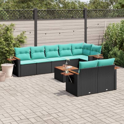 vidaXL - 9-delige - Loungeset - met - kussens - poly - rattan - zwart