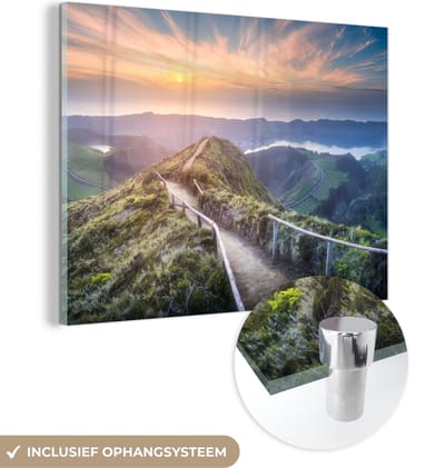 MuchoWow® Glasschilderij 40x30 cm - Schilderij acrylglas - Bergen - Zon - Natuur - Foto op glas - Schilderijen