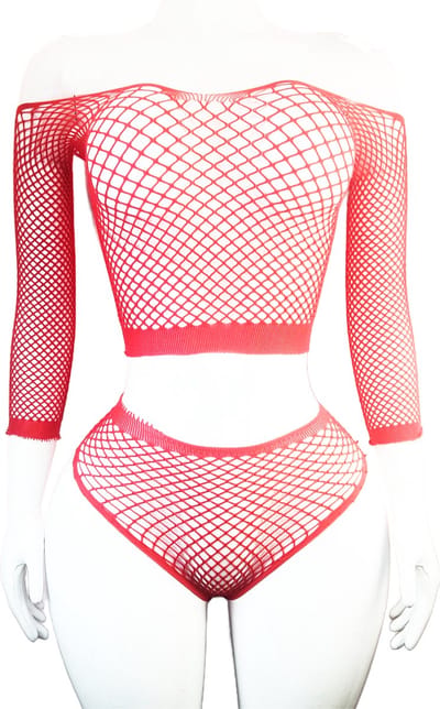 BamBella® - 2 delig set - Onesize - Erotische sexy nacht set broek met top doorzichtig kant - Super Stretch Rood