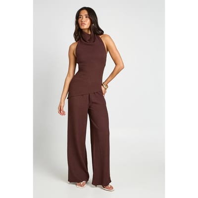 boohoo Dames Gekreukt Hoge Hals Lange Top Broek Co-ord Set | Chocoladebruin | Maat: 38