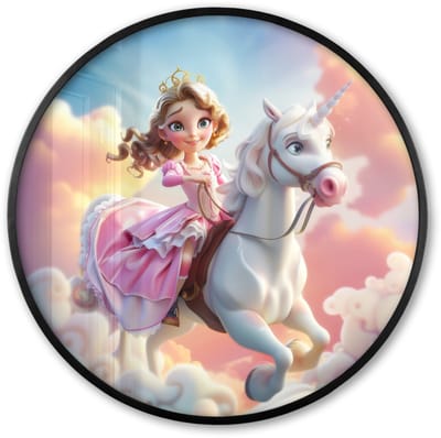 Poster in lijst Rond - Fotolijst 60x60 cm - Posters - Prinses - Eenhoorn - Meisje - Wolken - Ronde posterlijst zwart - Decoratie - Wanddecoratie woonkamer - Muurdecoratie slaapkamer