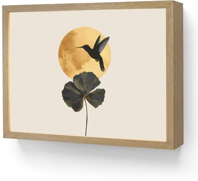 Wandlamp 40x30 cm - Oplaadbaar - Zwarte kolibrie - Bloem - Gouden cirkel - Wandlampen binnen woonkamer - Slaapkamer lamp - Decoratieve nachtlamp - Vloerlamp draadloos