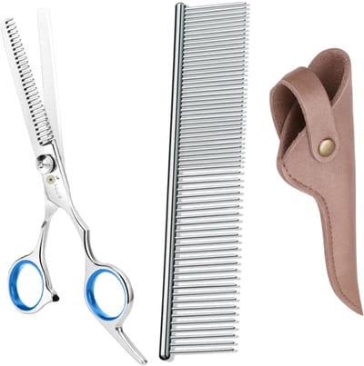 Professor Q – Professionele Effileerschaar / Uitdunschaar – RVS – Blauw – Voor Kappers & Thuisgebruik met Luxe Lederen Etui – 16,5 cm – Brons + Anti-Klit Kam – Pijnloos & Huisdiervriendelijk