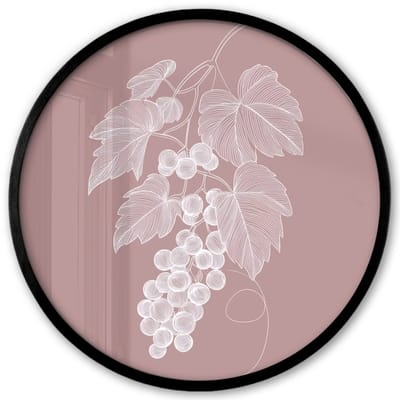 Poster in lijst Rond - Fotolijst 40x40 cm - Posters - Tros - Druiven - Illustratie - Bladeren - Ronde posterlijst zwart - Decoratie - Wanddecoratie woonkamer - Muurdecoratie slaapkamer
