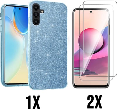 Casemania Hoesje Geschikt voor Samsung Galaxy A34 5G - Blauw + 2X Glazen Screenprotector - Glitter Back Cover