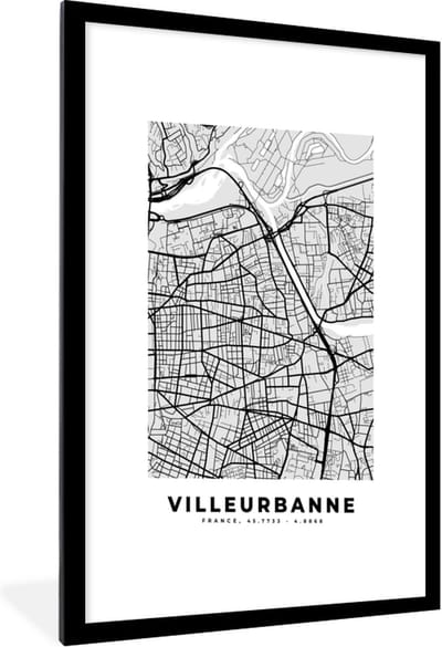 Fotolijst incl. Poster - Frankrijk - Villeurbanne - Stadskaart - Plattegrond - Kaart - 60x90 cm - Posterlijst