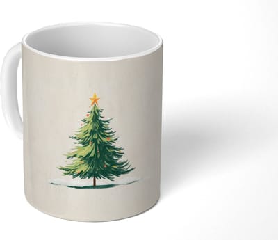 Mok - Koffiemok - Kerstboom - Illustratie - Ster - Sneeuw - Mokken - 350 ML - Beker - Koffiemokken - Theemok