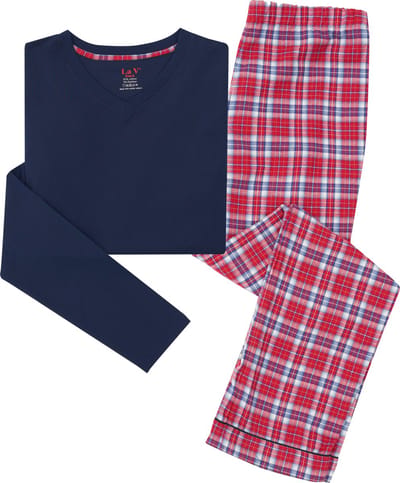 La-V pyjama sets voor heren met geruite flanel broek Donkerblauw /Rood XL (Valt klein)