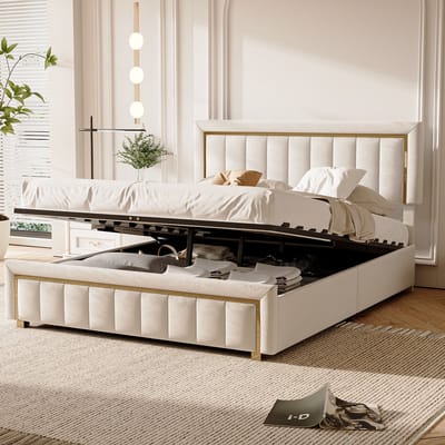 Fluwelen Opbergbed 140x200 Beige – Luxe Gestoffeerd Bed met Gouden Details – Tweepersoonsbed met Lift Opbergruimte & Lattenbodem
